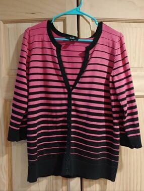 AGB Pink and Black Striped Knit Cardigan